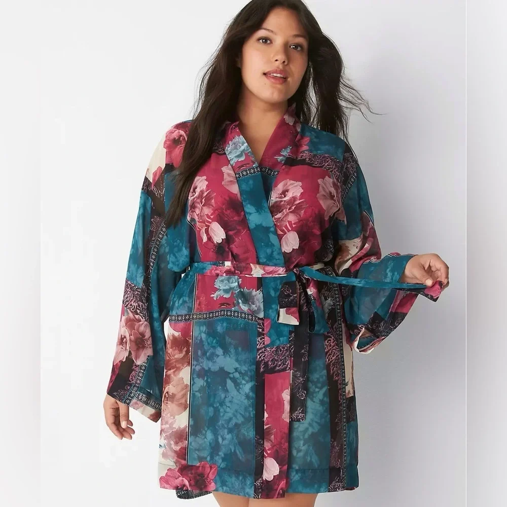 CACIQUE Robe Womens Size 14/16 Multicolored Lucille Patchwork Chiffon Kimono NEW - Picture 2 of 7